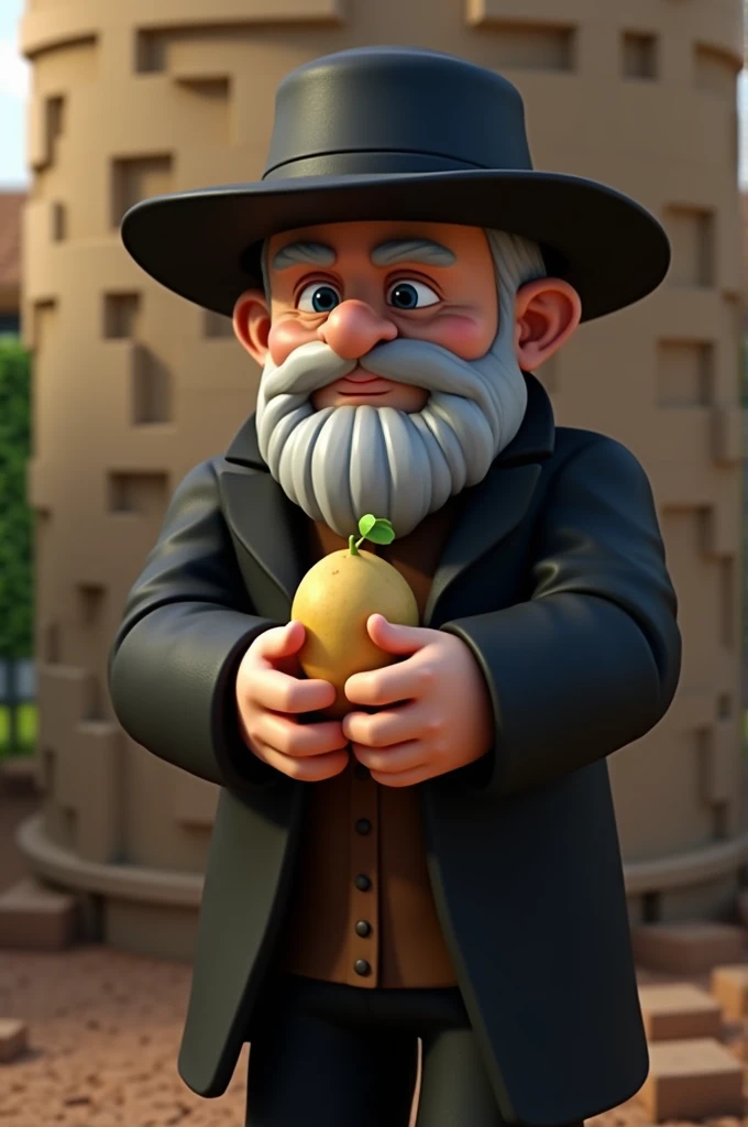 1man with white mustache wearing black coat and black hat holding potato Minecraft version
