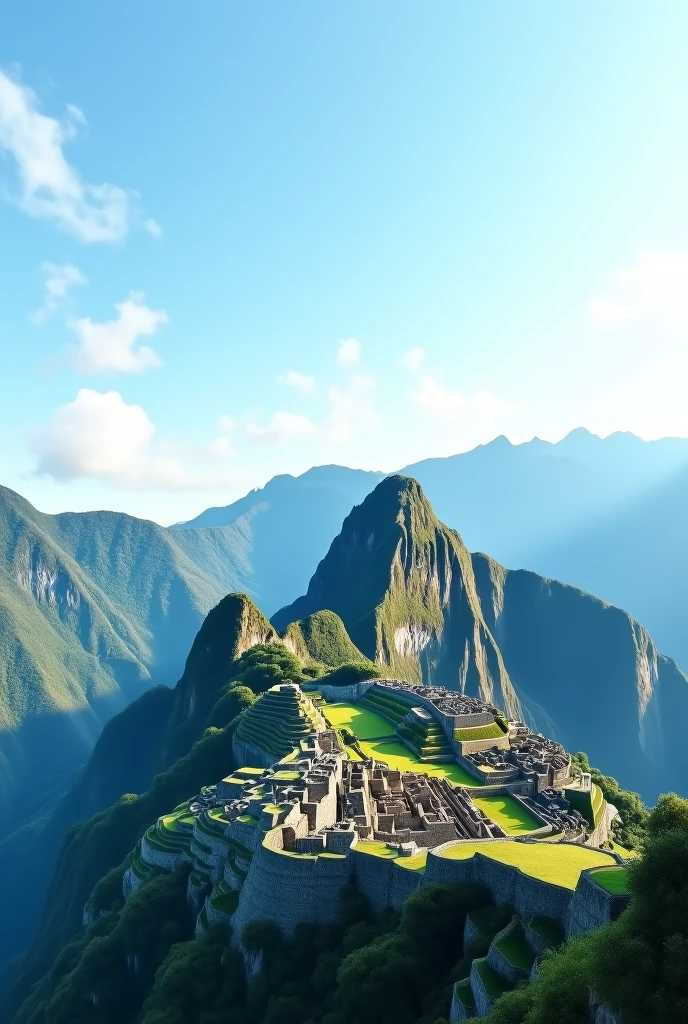Generate a sky background with a Machu Picchu background in a light blue color scale
