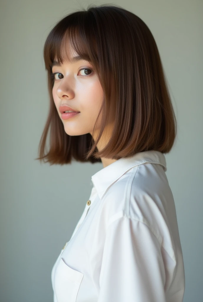 Photo seen from the side,(8k, RAW photo, best quality, masterpiece:1.2),natural lighting,small breast,(real human skin,finely detailed skin:1,4),upper body photo,((straight bob hair,natural hair,transparent bangs,light brown hair:1,6)),white shirt,