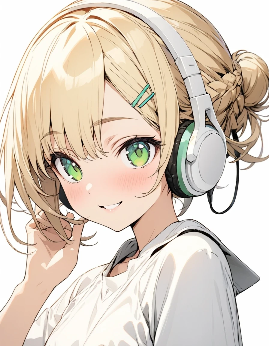 ((ultra-detailed))/one women, short blonde hair and bob hair.、beautiful green eyes、a braid, I tied my hair in a bun with a hair clip..、smile、gentle smile on her face、flat chest, one Beautiful girl,((masterpiece, illustration, best quality) ((ultra-detailed))/solid white background,blank background, while wearing wireless white headphones, full upper body