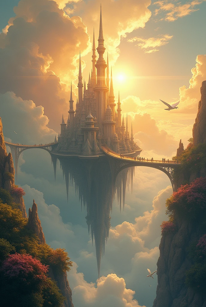 The Castle, illustration in the style of (Jean Baptiste Monge plus Luis Royo plus Pino Daeni plus Wadim Kashin plus Gustaf Tenggren and John Constable). A celestial metropolis hovers amidst iridescent clouds, its crystalline skyscrapers and gossamer bridges intertwining with ethereal wisps. Pearlescent spires pierce the stratosphere, while antigravity gardens bloom with bioluminescent flora. Angelic beings glide between floating islands, their wings shimmering in the golden, otherworldly light.