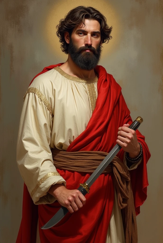 realistic image of Saint Bartholomew the Apostle has a simple cream and red suit, has a short-handled knife in his right hand, dark brown hair and beard