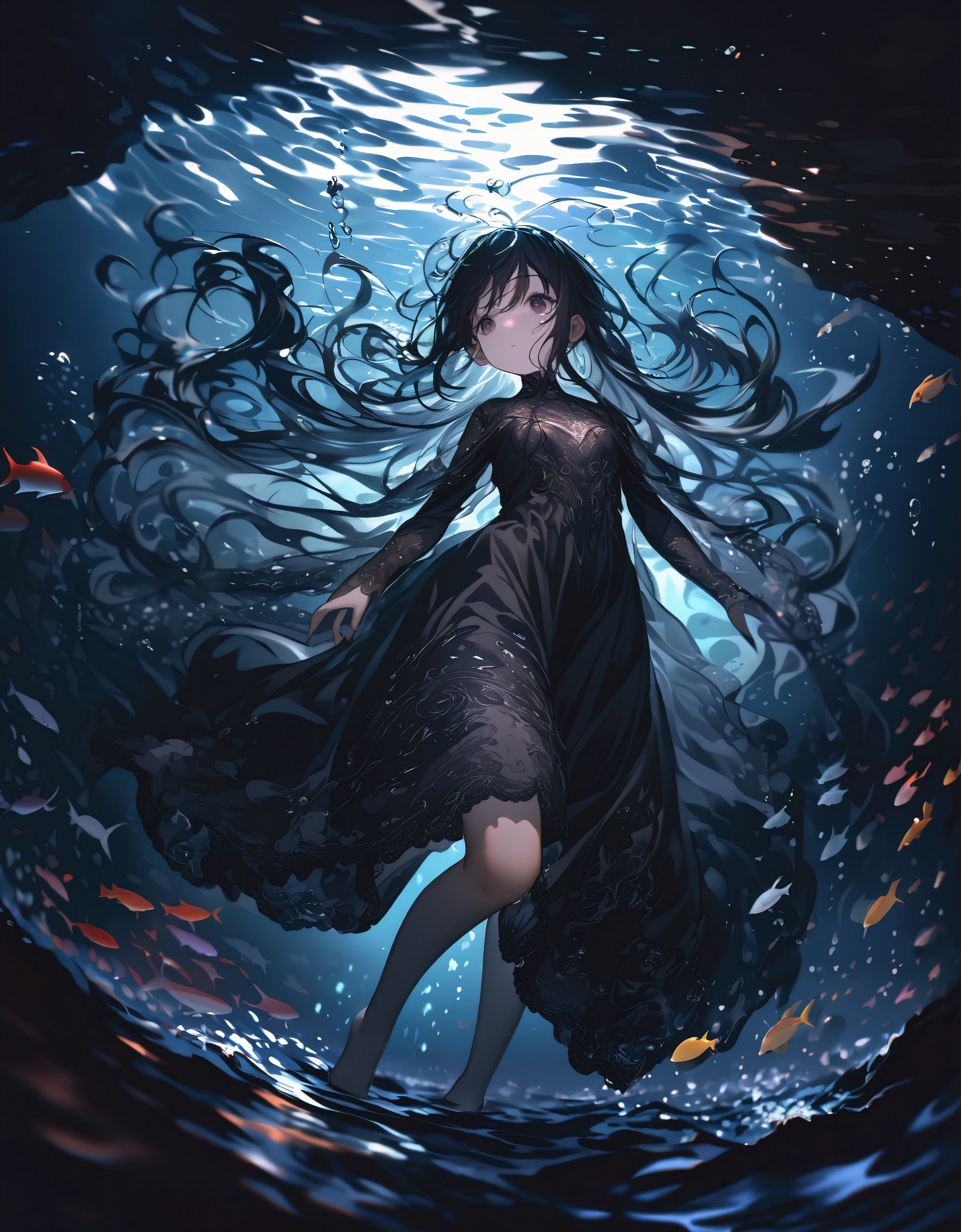 (full body), (solo), (A :1.2), (very young little girl), l, (small breas(wide angle), raw photo, Aesthetic, Convoluted, Awarded, chiaroscuro, Best Quality, Detailed background, (underwater atmosphere:1.2), (underwater photo, floating drowning:1.1), ((Girl in very long black dress:1.2)), (very wet dress:1.1), detailxl, As the tempest rages overhead, the world is painted in a monochrome dance of silver and darkness, the rain a relentless symphony of nature's power. Amidst this deluge, a young girl emerges, her silhouette a stark contrast to the storm's fury. She is adorned in a black sheer transparent long skirt, a garment that whispers of mystery and allure.
Submerged in the water, the skirt takes on a life of its own, a dark, flowing silhouette that moves with the grace and fluidity of the deep. The black fabric, once a stark contrast to the world above, now becomes a part of the underwater realm, its transparency allowing the subtle play of light to filter through, casting shadows and highlights that dance around the girl.
The skirt's transparency allows the water to become a second layer of the garment, the fabric clinging to her form like a second skin, revealing and concealing in equal measure. The darkness of the fabric contrasts with the clarity of the water, creating a visual illusion of depth and dimension that adds to the skirt's allure.
As the skirt moves with the water, it creates a sense of motion and flow, the fabric rippling and swirling around her like a dark current. The hem of the skirt sways gently, brushing against the underwater terrain, leaving a trail of disturbed sediment in its wake, a testament to the skirt's passage through the depths.
The black sheer fabric is adorned with subtle details that become more pronounced underwater. Perhaps there are delicate patterns or embroidery that shimmer in the refracted light, adding a touch of elegance and sophistication to the skirt. These details are like hidden treas