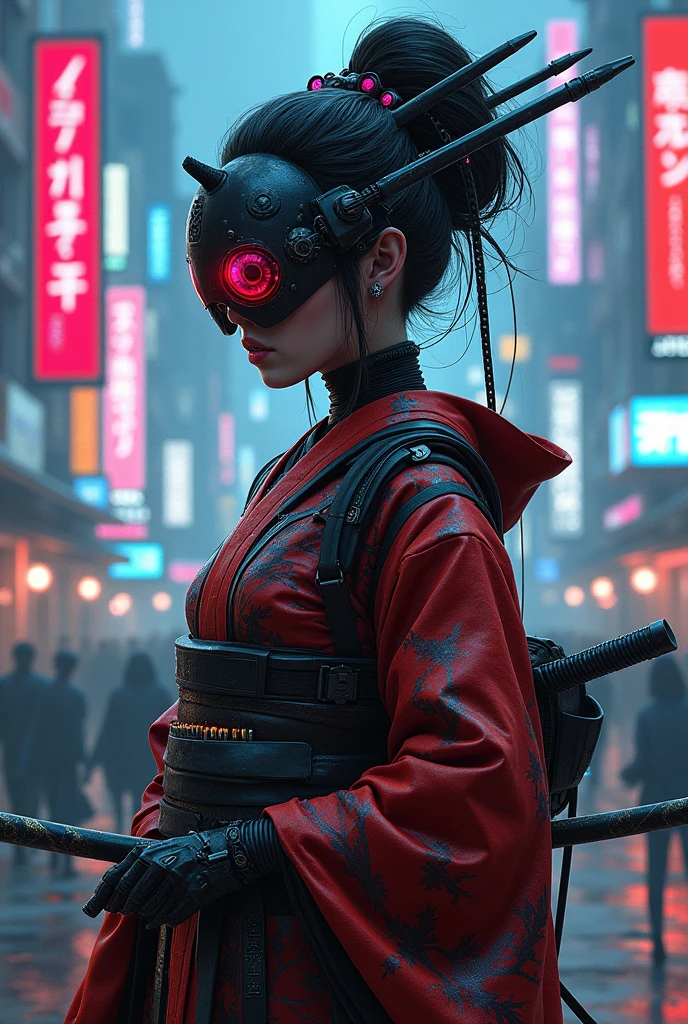 Cyberpunk samurai geisha with headphones