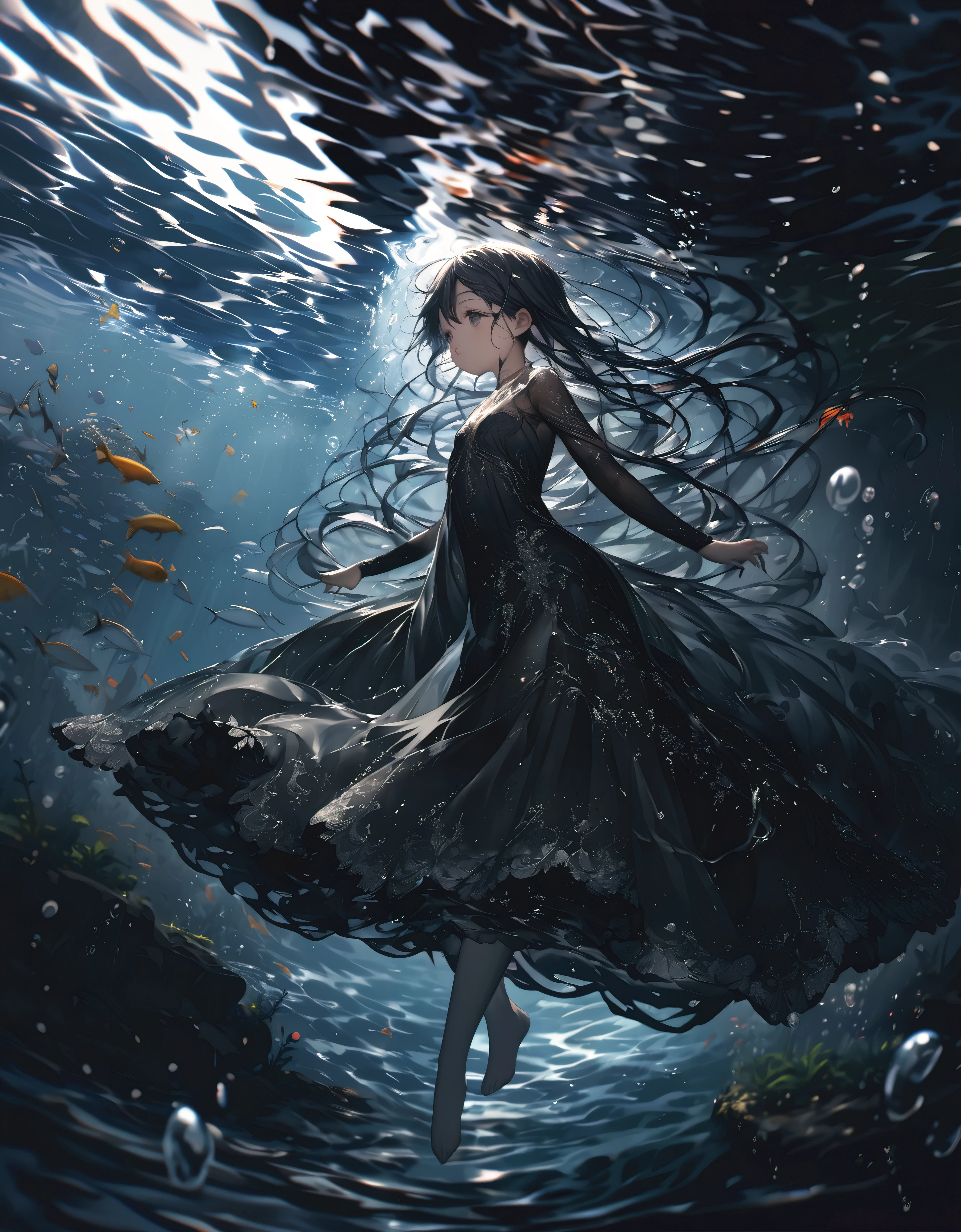 (full body), (solo), (A 7-year-old girl:1.2), (very young little girl), loli, (Solo), (small breast), (wide angle), raw photo, Aesthetic, Convoluted, Awarded, chiaroscuro, Best Quality, Detailed background, (underwater atmosphere:1.2), (underwater photo, floating drowning:1.1), ((Girl in very long black dress:1.2)), (very wet dress:1.1), detailxl, As the tempest rages overhead, the world is painted in a monochrome dance of silver and darkness, the rain a relentless symphony of nature's power. Amidst this deluge, a young girl emerges, her silhouette a stark contrast to the storm's fury. She is adorned in a black sheer transparent long skirt, a garment that whispers of mystery and allure.
Submerged in the water, the skirt takes on a life of its own, a dark, flowing silhouette that moves with the grace and fluidity of the deep. The black fabric, once a stark contrast to the world above, now becomes a part of the underwater realm, its transparency allowing the subtle play of light to filter through, casting shadows and highlights that dance around the girl.
The skirt's transparency allows the water to become a second layer of the garment, the fabric clinging to her form like a second skin, revealing and concealing in equal measure. The darkness of the fabric contrasts with the clarity of the water, creating a visual illusion of depth and dimension that adds to the skirt's allure.
As the skirt moves with the water, it creates a sense of motion and flow, the fabric rippling and swirling around her like a dark current. The hem of the skirt sways gently, brushing against the underwater terrain, leaving a trail of disturbed sediment in its wake, a testament to the skirt's passage through the depths.
The black sheer fabric is adorned with subtle details that become more pronounced underwater. Perhaps there are delicate patterns or embroidery that shimmer in the refracted light, adding a touch of elegance and sophistication to the skirt. These details are like hidden treas
