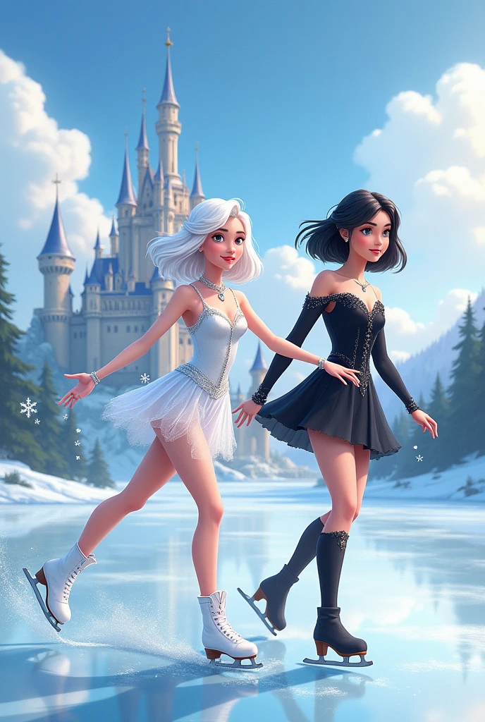 Book cover featuring an ice skater with shoulder-length white hair and a short white and silver dress. A princess with shoulder-length black hair and a short black dress. A background with almost transparent clouds and a castle behind with an ice rink below the castle