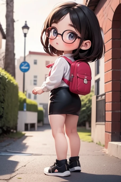 masterpiece, highest quality, Official Art, 8k wallpaper, Very detailed, figure, Small 1 person girl cute, with cute makeup, black Hair, Wide Hips, Big Ass, Round ass, WEAR COOL SHOES, with black glasses, wear Tight pencil skirt, FOCUS wear black bikini, Backpack, Are standing, From the back, From the back, face surprised. FOCUS ALL BODY VIEW.