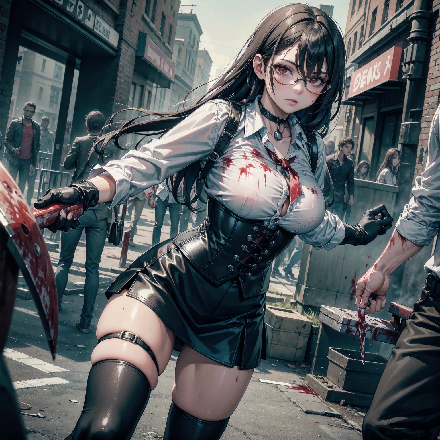 (blood), (blood en la ropa), (blood en el rostro), (blood en el cuerpo), masterpiece, Superior image quality, High resolution, 4k image,photo and gross, photorealistic, boy fighting zombies, {{{vagina}}}, ng pose, big breasts, beau long black hair, Red eyes, very detailed eyes, pink cheeks, shy expression, Glasses, choker:1.6, (white collar button down long sleeve shirblack gloves, gloves that cover hands, (holding an axe in his right hand), (black leather corset), (shiny black fitted mini skirt), Sensual Lips , evening de invierno, show details in the eyes, View from the front, looking at the viewer, city, 5+ zombies, evening, atmosphere, horde of zombies behind