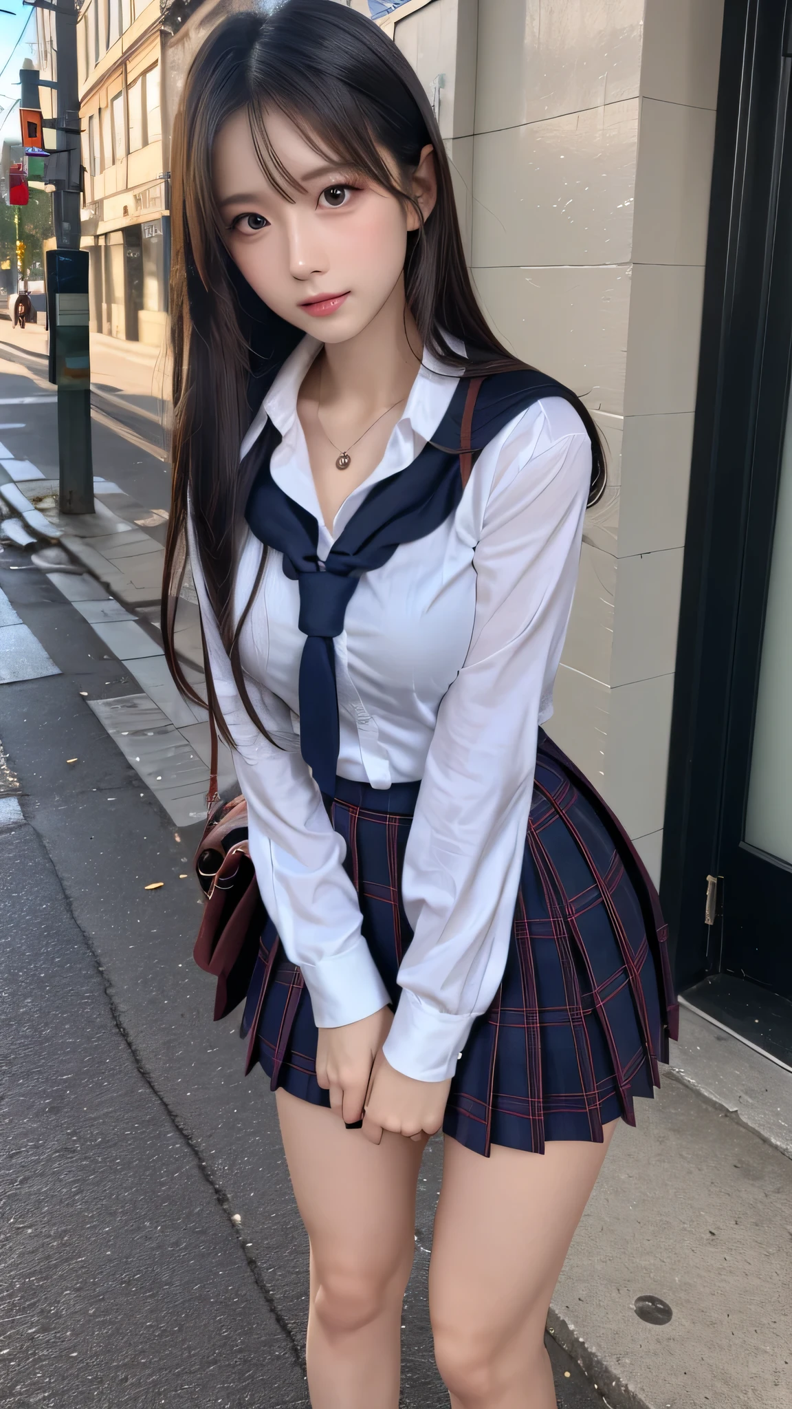 in 8K，photos realistic (1 Cute Idol ) low-tied long hair, Thin makeup, Medium chest size, Close-up portrait, nffsw、Punk Girl、Pendants,breasts deep cleavage、FULL BODYSHOT、beauty legs、Beautiful legs、16-year-old ,(Super beautiful girl:1.5)、(A detailed face)、Adult face、Bare legs, thighs、a closeup、full body Esbian、Nasty eyes、((Random sexy poses:1.5)),((full shot:1.5)),((beautiful skin:1.5)) ,,((School uniform:1.5)),((Around town))