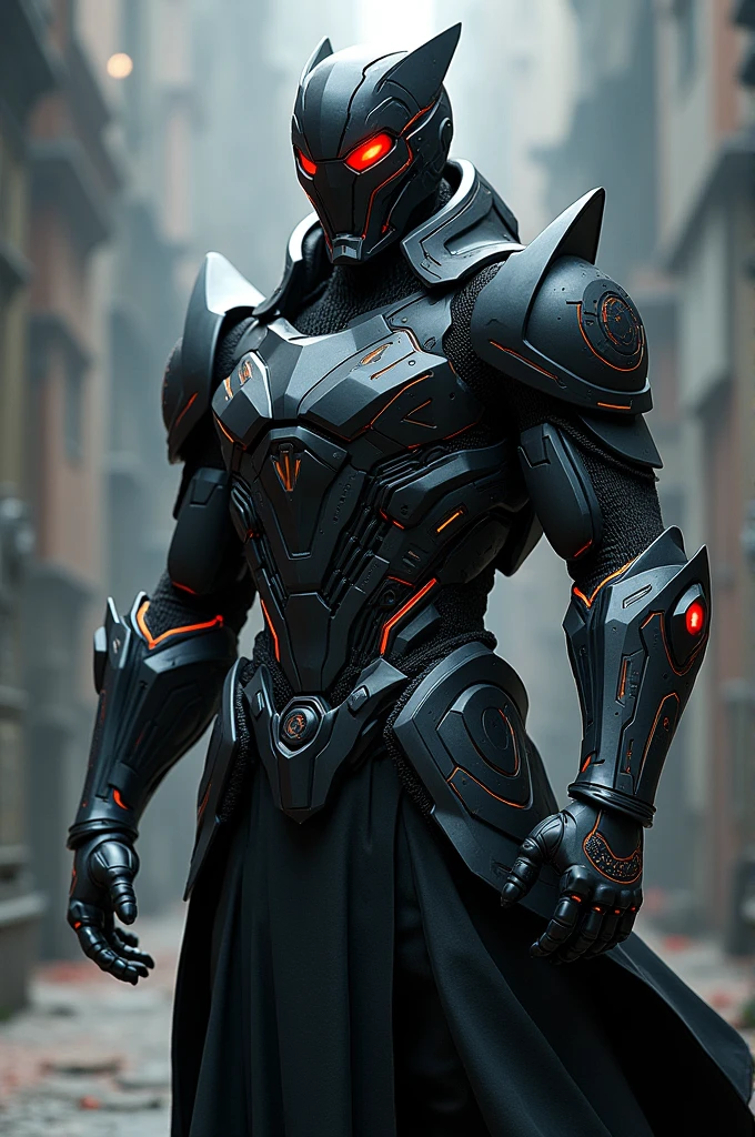 name: John Salles "Arcanus"
kor: 30 Years Superpower: Weapons Handling, High Qi, Apex of the Human Being, martial arts.
weaponry: Any firearm, magic bracelets.

A highly technological suit, Black with gray details and an imposing red-eyed mask Create an image