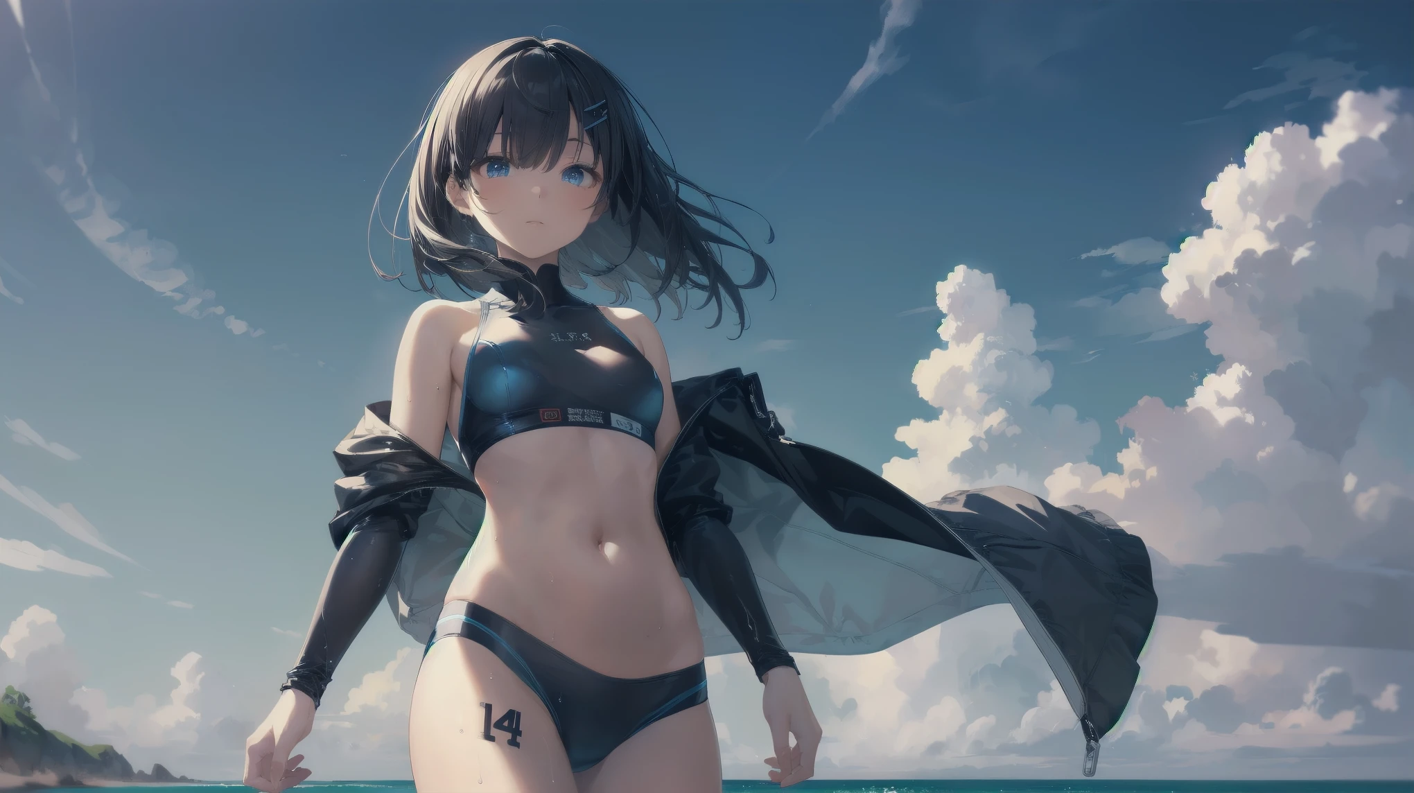 Highest quality, Anime Moe Art Style,Best Anime 8K Konachan Wallpaper,pixiv Contest Winner,Perfect Anatomy, break,(Please draw a picture of a girl in a Swimwear walking on the beach.),break, One is an unlucky beautiful girl.,(alone,in addition,,:1.3),,Complete limbs, Full Finger,  short hair, amount, (Hair on one eye:1.4),Small breasts, Small Ass, Beautiful attention to detail, Well-proportioned pupils,Between the legs, Wet, Glowing Skin, Cowboy Shot, Hair Clip, Swimwear, At the Beach.break,Very detailed,High resolution,Very detailed肌, 
Optimal lighting with AI, shape,