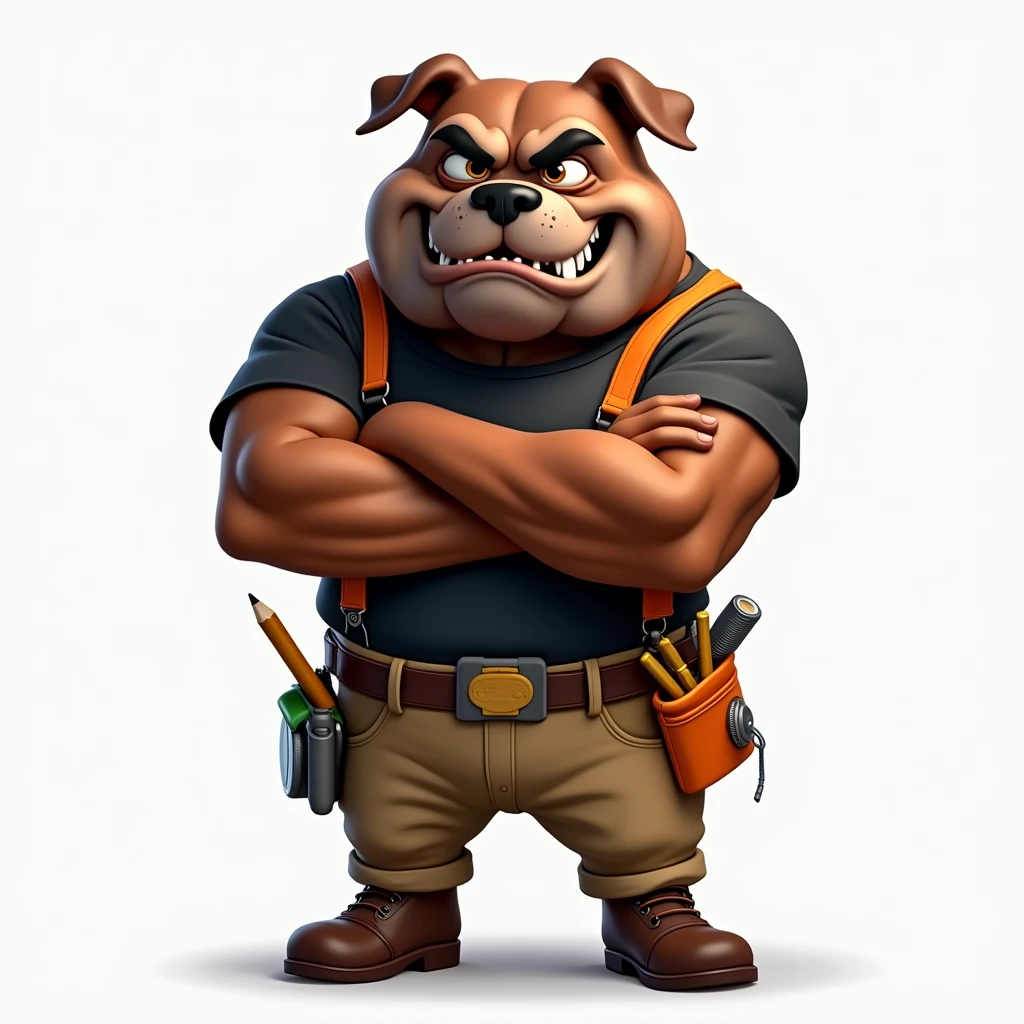 A semi-muscular, masculine and anthropomorphic bulldog with a confident posture and strong behavior. His arms are crossed in front of him. He has a dark brown coat with a slightly darker brown snout, inner ears and arms. He has a confident smile and two fang teeth coming out of his slight bite. His eyes are expressive with a determined look, and he has a black nose. He is dressed in a black T-shirt, tanned pants and small brown boots. He also uses orange suspenders and a tool belt equipped only with a pencil, a screwdriver, a tape measure and a flashlight. In one hand is a hammer in the other a toy bone. No other tools in the photo.