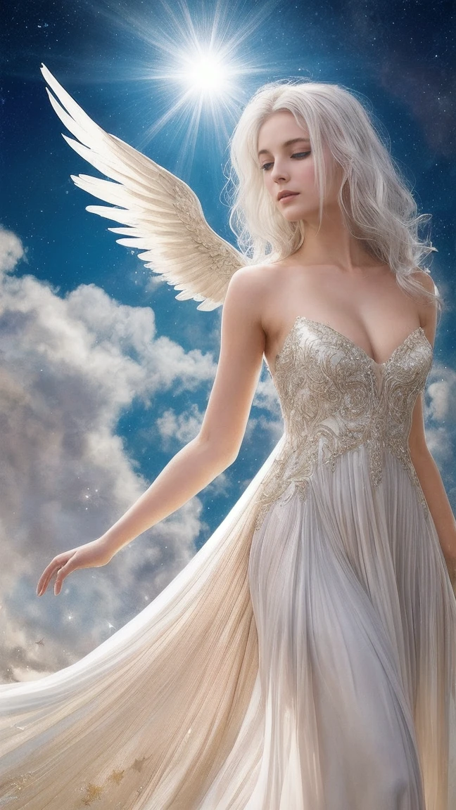 A beautiful angel with platinum white hair and delicate wings, dressed in a flowing white gown, stands above fluffy clouds and golden light falling from above. The angel is surrounded by bright stars of many colors and a soft glow illuminates his ethereal beauty. The image radiates a mystical, dreamlike quality with soft focus and warm tones, creating a sense of serenity and grace. The composition focuses on the angel, drawing the viewer's attention to her peaceful expression and radiant presence.