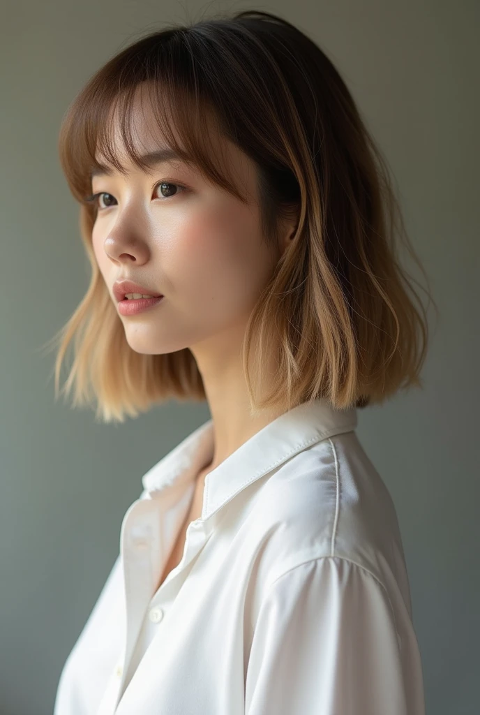 Photo seen from the side,(8k, RAW photo, best quality, masterpiece:1.2),natural lighting,small breast,(real human skin,finely detailed skin:1,4),upper body photo,((straight bob hair,natural hair,transparent bangs,light brown hair:1,6)),white shirt,