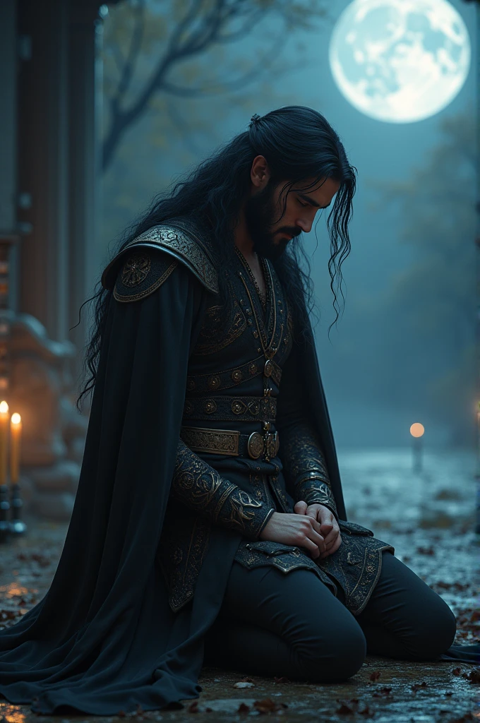 Beautiful long hair man, preying on knees at night, elegant clothes, low beard 