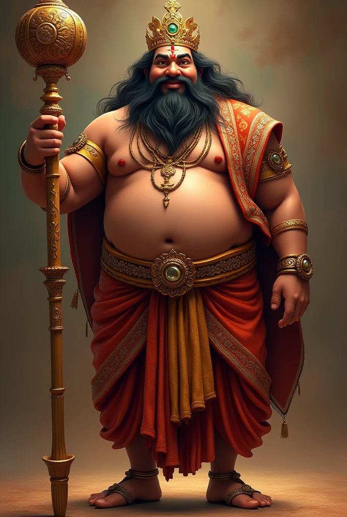 Create an image of Mahabali, the legendary king from Kerala's folklore. He is depicted as a tall and majestic figure, with a kind and wise expression. He wears a golden crown with intricate designs, a traditional silk dhoti, and a richly adorned shawl over his shoulder. His long, black hair flows freely, and his beard is  shaved. Mahabali stands in a powerful yet approachable stance, holding a big golden scepter in one hand.  Mahabalis stomach is big.  Mahabali is yummy and fatty figure