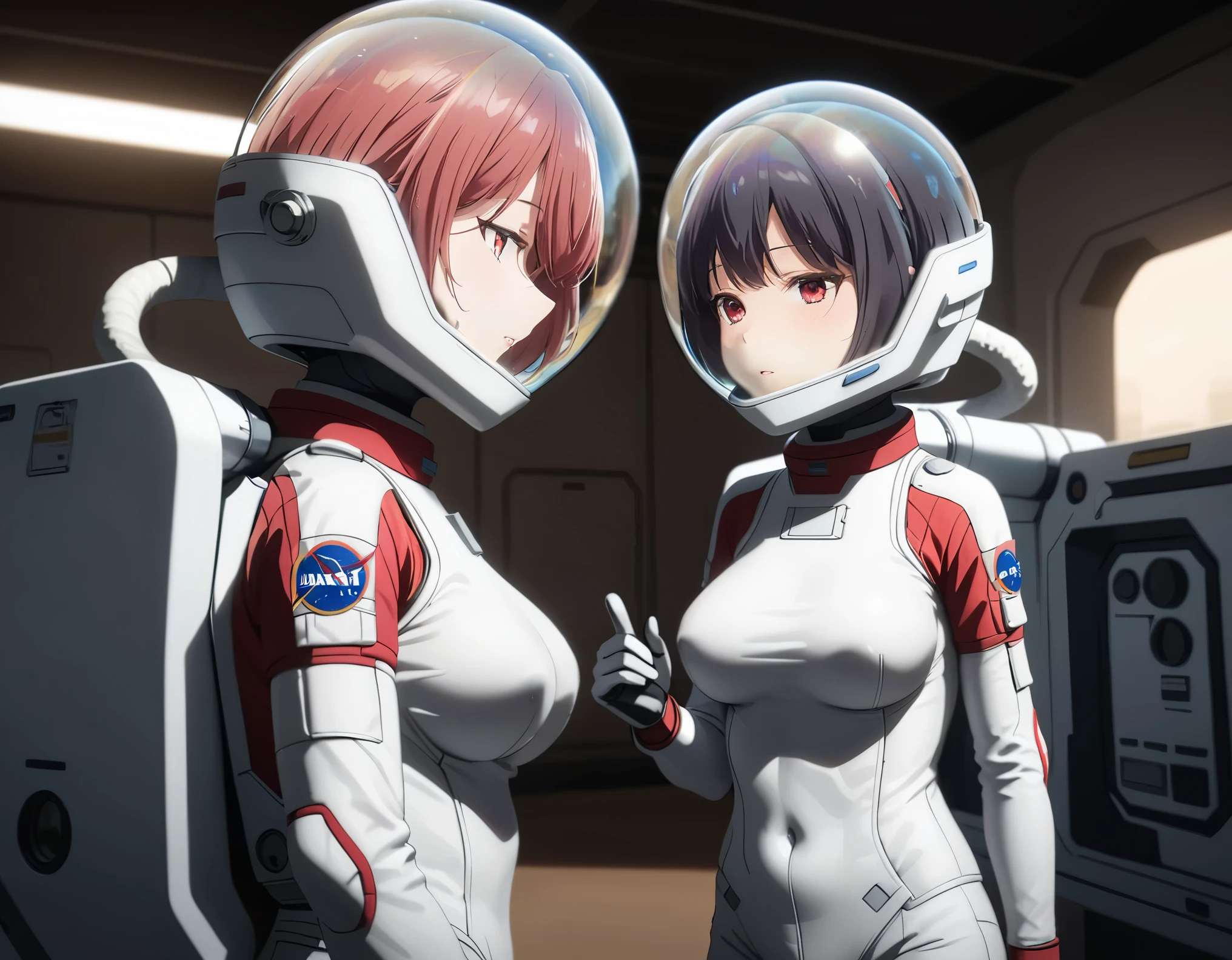 (spacesuit:1.15), white cargo pants, astronaut)bubble helmet, space helmet , , looking at the audience,\ indoors, masterpiece, best quality, 2girl, two girl, tits, , ,, short hair, , red eyes, from side