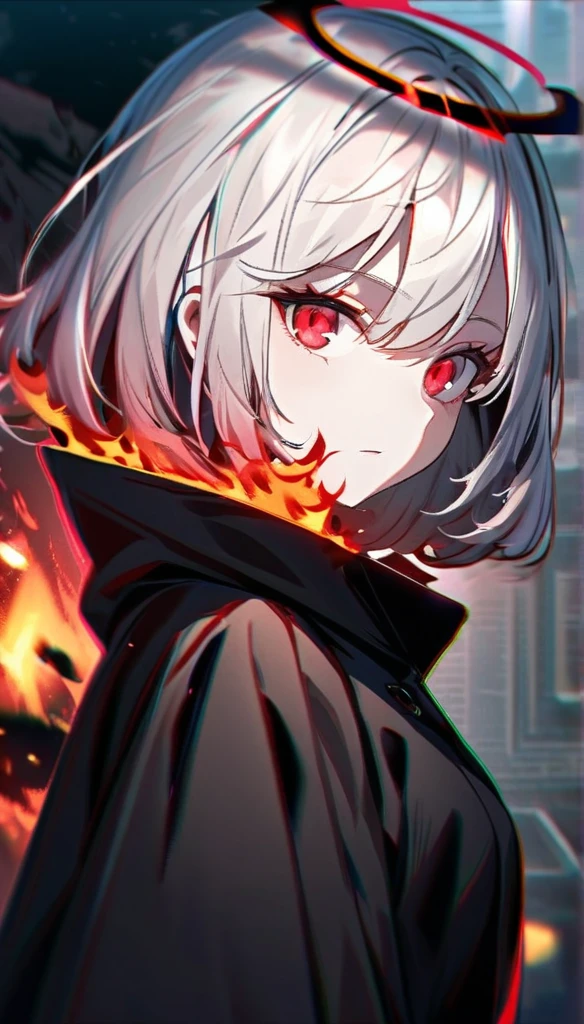 hdr, 1girl, (emotionless:1.1), white hair, half glow red halo, evil godness, red eyes, (white eyelashes:1.2),(chromatic aberration:1.1), solo, digital dissolve, looking at viewer, black coat, wild hair, (mature:1.3), short hair, (black fire aura:1.2), close up