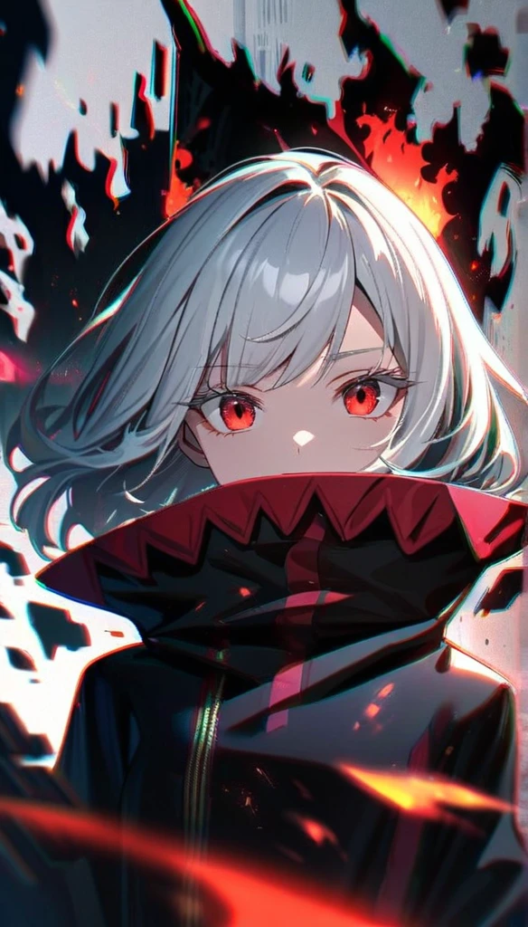 hdr, 1girl, (emotionless:1.1), white hair, half glow red halo, evil godness, red eyes, (white eyelashes:1.2),(chromatic aberration:1.1), solo, digital dissolve, looking at viewer, black coat, wild hair, (mature:1.3), short hair, (black fire aura:1.2), close up
