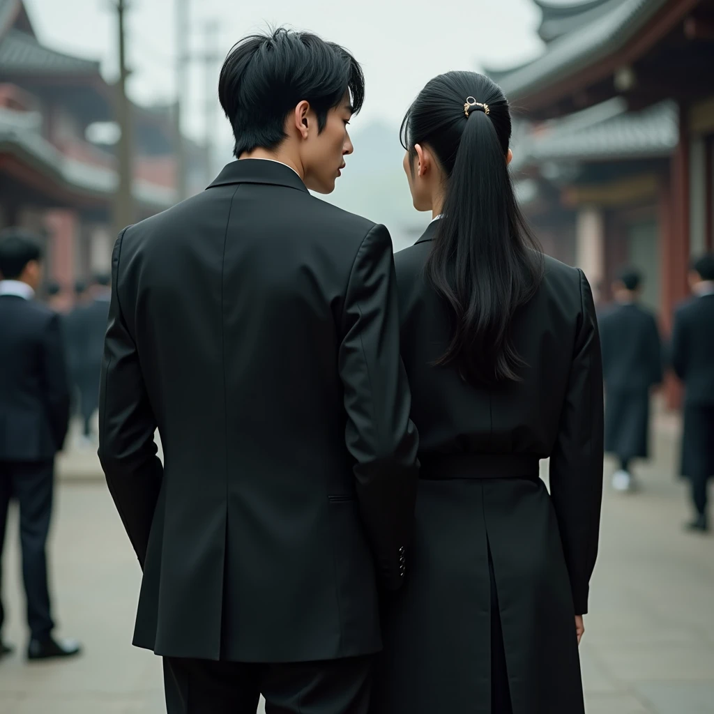 A handsome,gentleman black-haired man named Leehan and not wearing a necklace and dressed in a black blouse and wearing long black pants was at the filming location of the drama with a girl with long black hair tied in a Japanese knot and dressed in a black blouse and wearing black pants