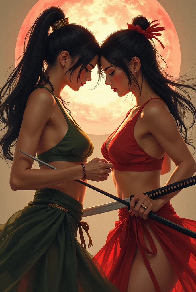 two half-naked japanese women fight with katana  