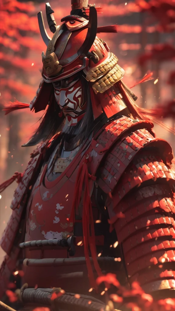 (((Samurai Armor))) best quality, very high resolution, detailed CG in 4K, masterpiece, Hachiman, red, Shui mo Hua, Chinese tribes, Chinese city, forest, aesthetics, beautiful image, centered on the screen, all body