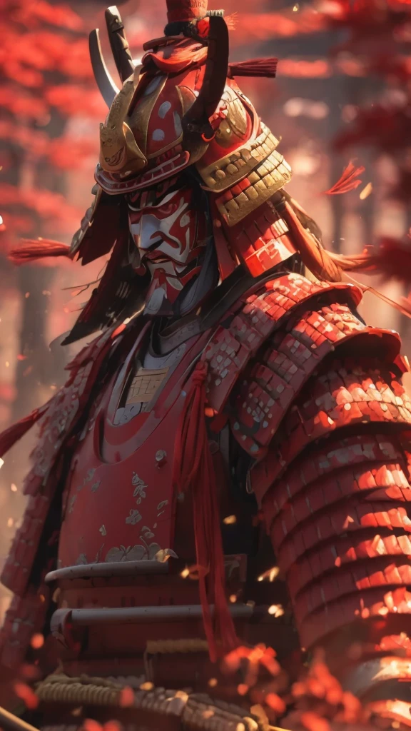 (((Samurai Armor))) best quality, very high resolution, detailed CG in 4K, masterpiece, Hachiman, red, Shui mo Hua, Chinese tribes, Chinese city, forest, aesthetics, beautiful image, centered on the screen, all body