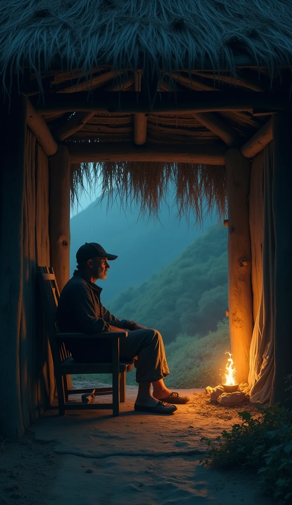 Habang siya'y nagpapahinga sa kanyang upuan, biglang dumaan ang malamig na hangin sa kubo sa gabi