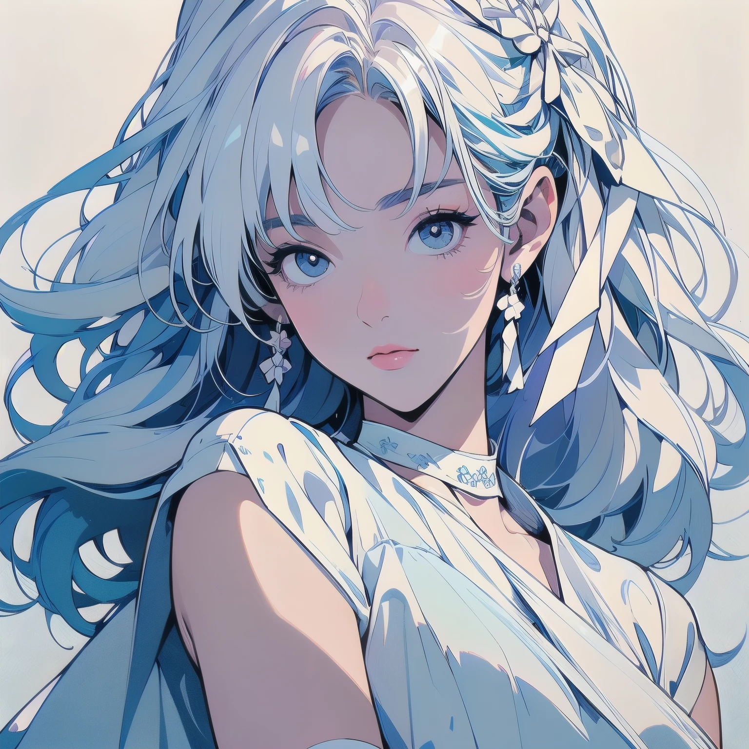 トライガン、ペルソナ、Beautiful woman、Movie Posters、Upper Body、Model Pose、mysterious、Small breasts、Short sleeve、(((Blue hair color)))、(((Covered in white cloth)))、Many white flowers、White fluffy cloth、(((Big white ribbon))), (((White Hair)))