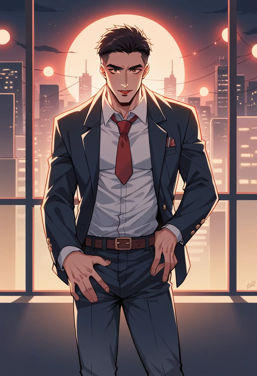 Man Man Alone, (uniforme policial, Policerman), Stockings, city lights, (looking at the audience: 1.3), separated lips, Red lips, shining skin, Dents in the skin, best qualityer, ultra-high resolution, (真实感: 1.4),  hairless