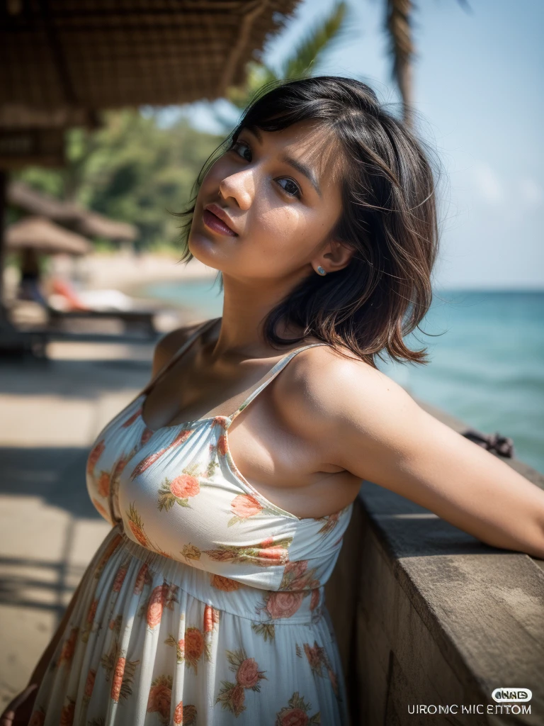 (Detailed wide shot:1.3), (best quality photo:1.5), 1girl and 1man, ((pretty chubby girl)), a girl wearing tropical dress, a man wearing casual style, (messy short wavy hair:1.3), hugging in bali beach, (kissing posing:1.2), real moment, real object, film looks, shadow, sunrise, natural lighting, real skin, (detailed face and eyes:1.4), (very highly detailed:1.4), surreal view, (sharp focus:1.2), shot by 1Dx with 10mm lens, (dynamic angle:1.3), proportional