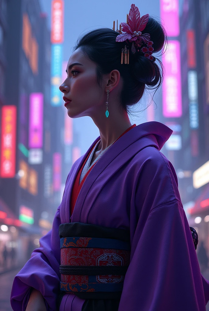 Samurai geisha in purple cyberpunk outfit listening to music
