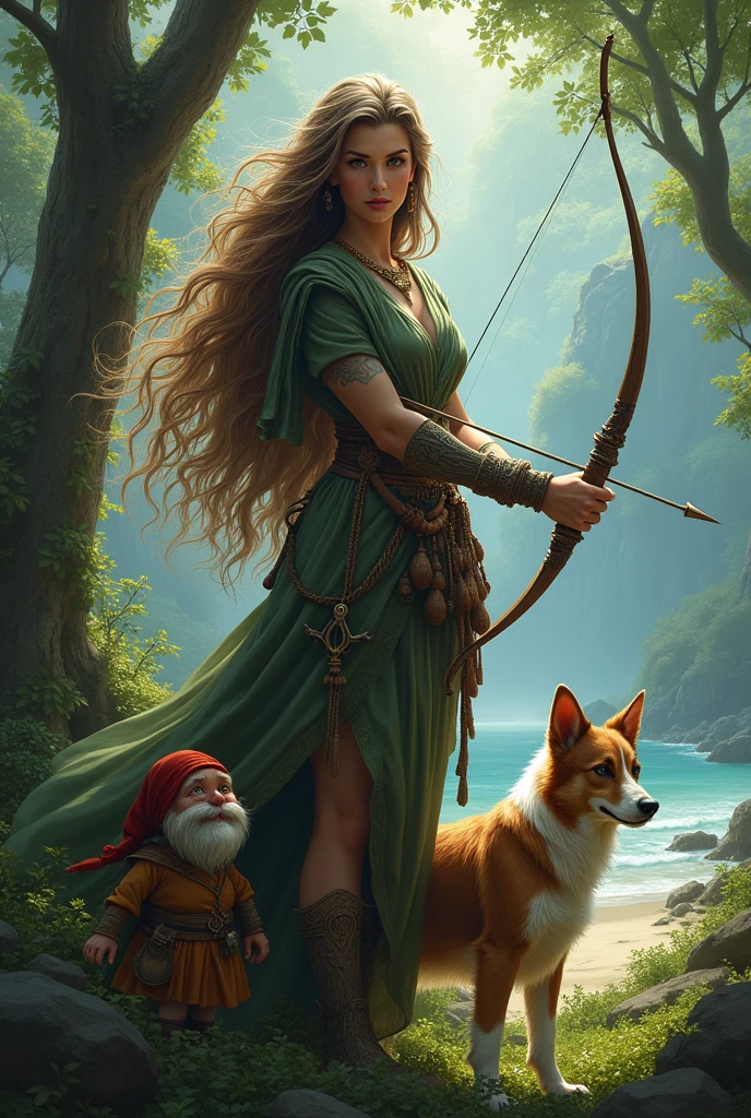 woman long hair, ,border collie,insula,woods,bow arrow,gnome,might,beachfront.