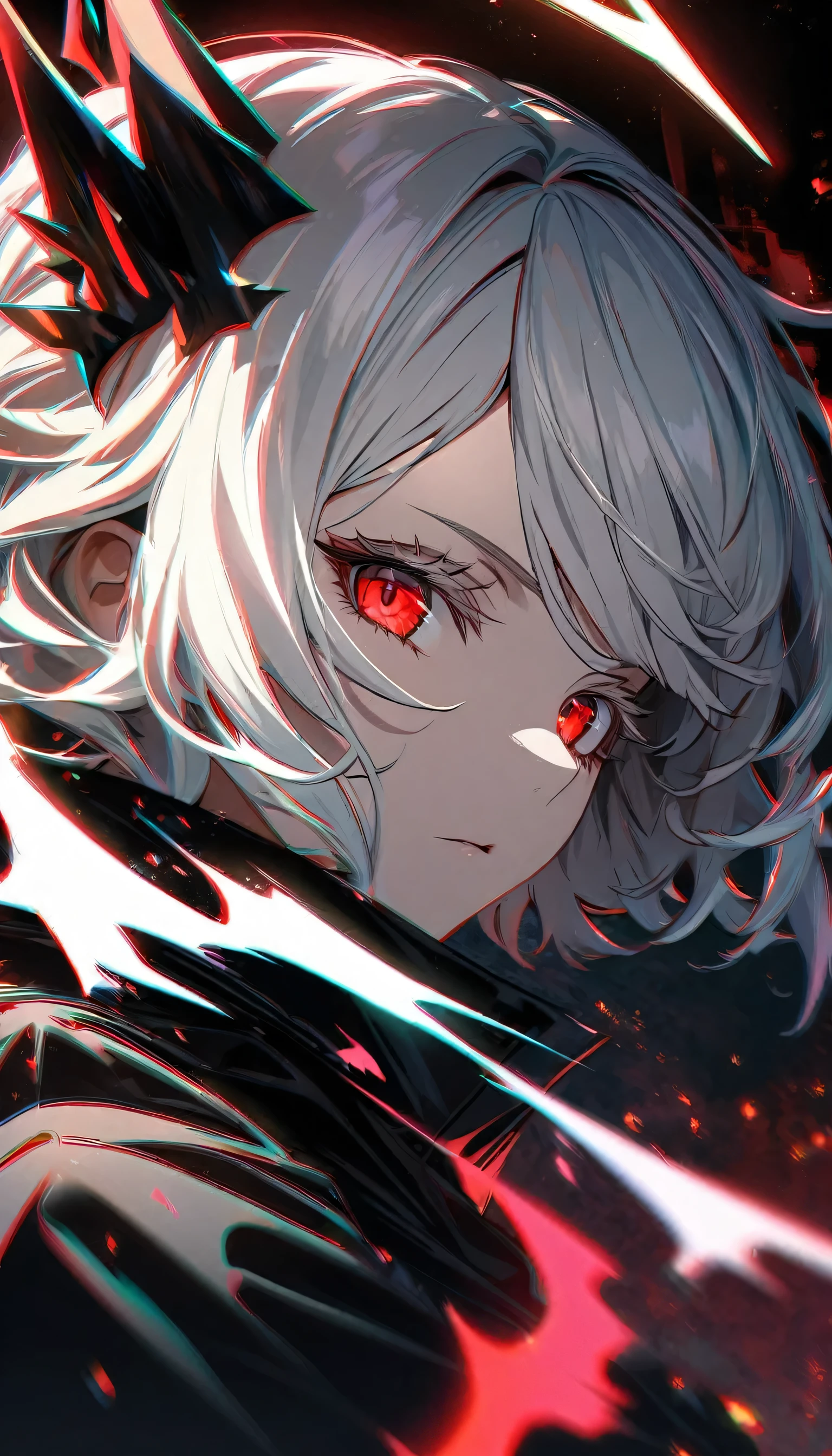 hdr, 1girl, (emotionless:1.1), white hair, half glow red halo, evil godness, red eyes, (white eyelashes:1.2),(chromatic aberration:1.1), solo, digital dissolve, looking at viewer, black coat, wild hair, (mature:1.3), short hair, (black fire aura:1.2), close up