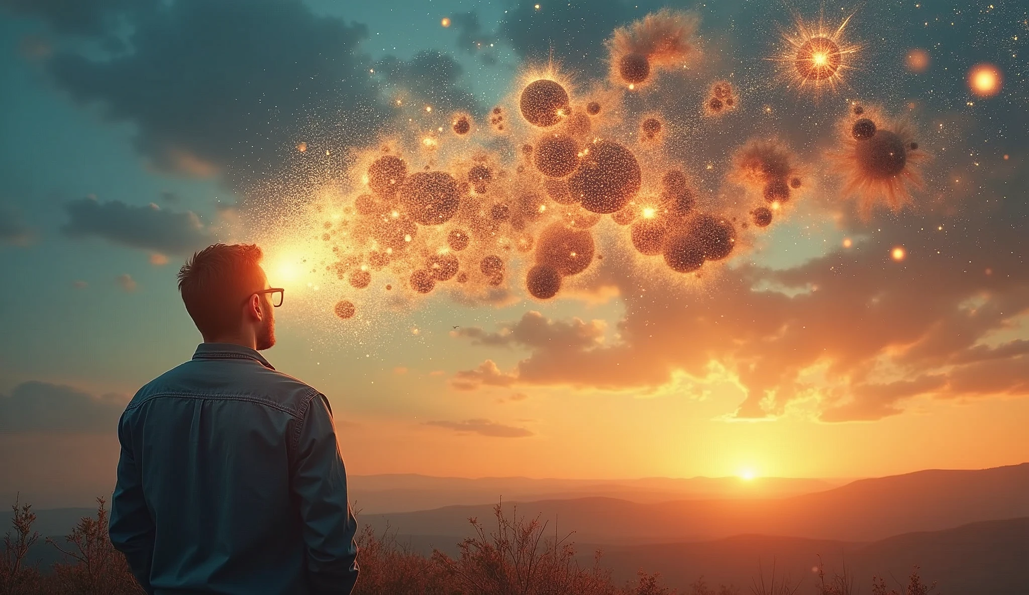 a man with his back looking at the horizon with all his ideas flowing from his mind