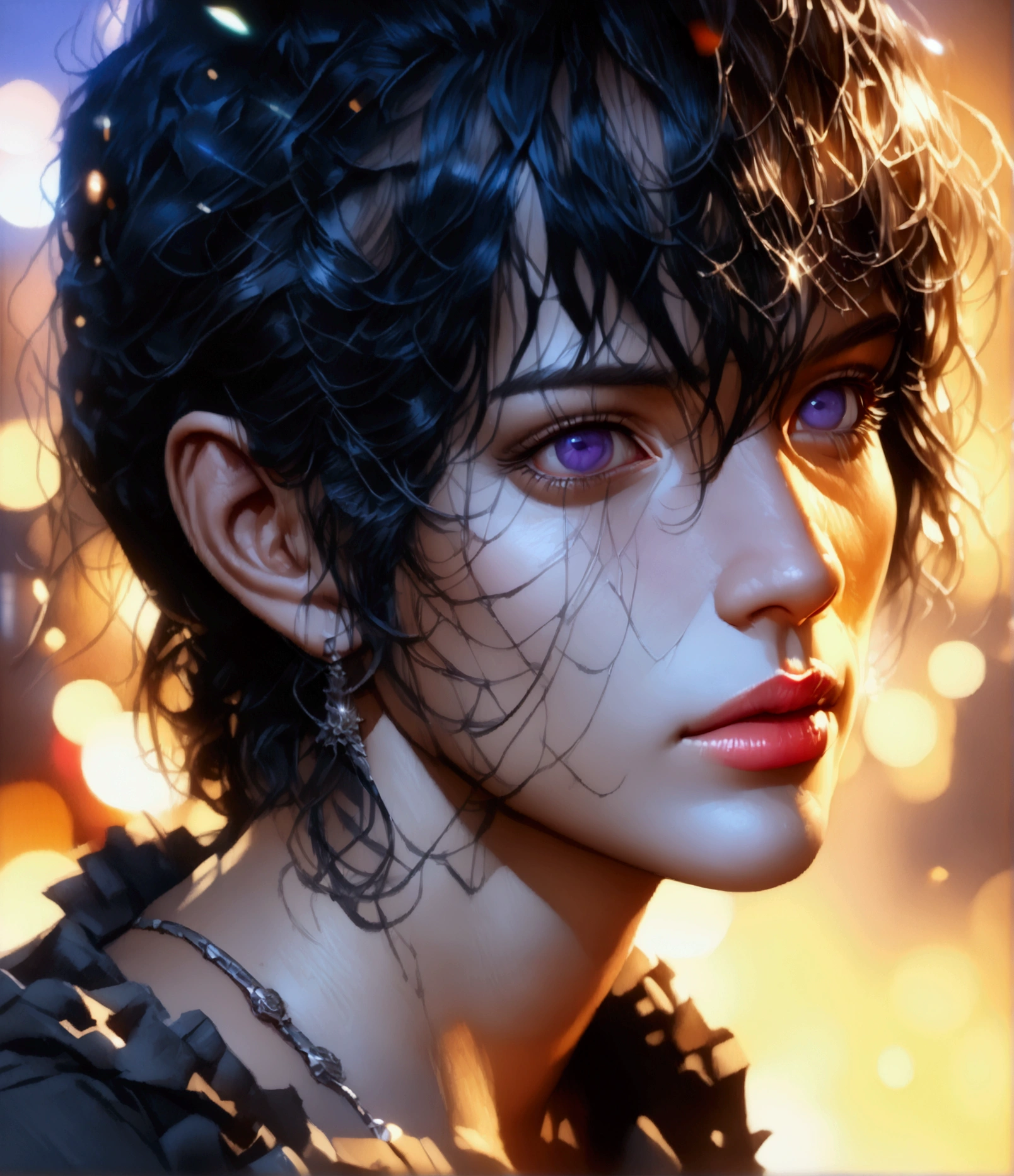 A shirtless anime male with black hair, long bangs covering most of his eyes, one blue eye and one purple eye, extremely detailed face and eyes, beautiful detailed lips, longeyelashes, (best quality,4k,8k,highres,masterpiece:1.2),ultra-detailed,(realistic,photorealistic,photo-realistic:1.37),intricate details,chiaroscuro lighting,dramatic lighting,cinematic lighting,hyper realistic,digital painting,breathtaking,striking,moody,vibrant colors