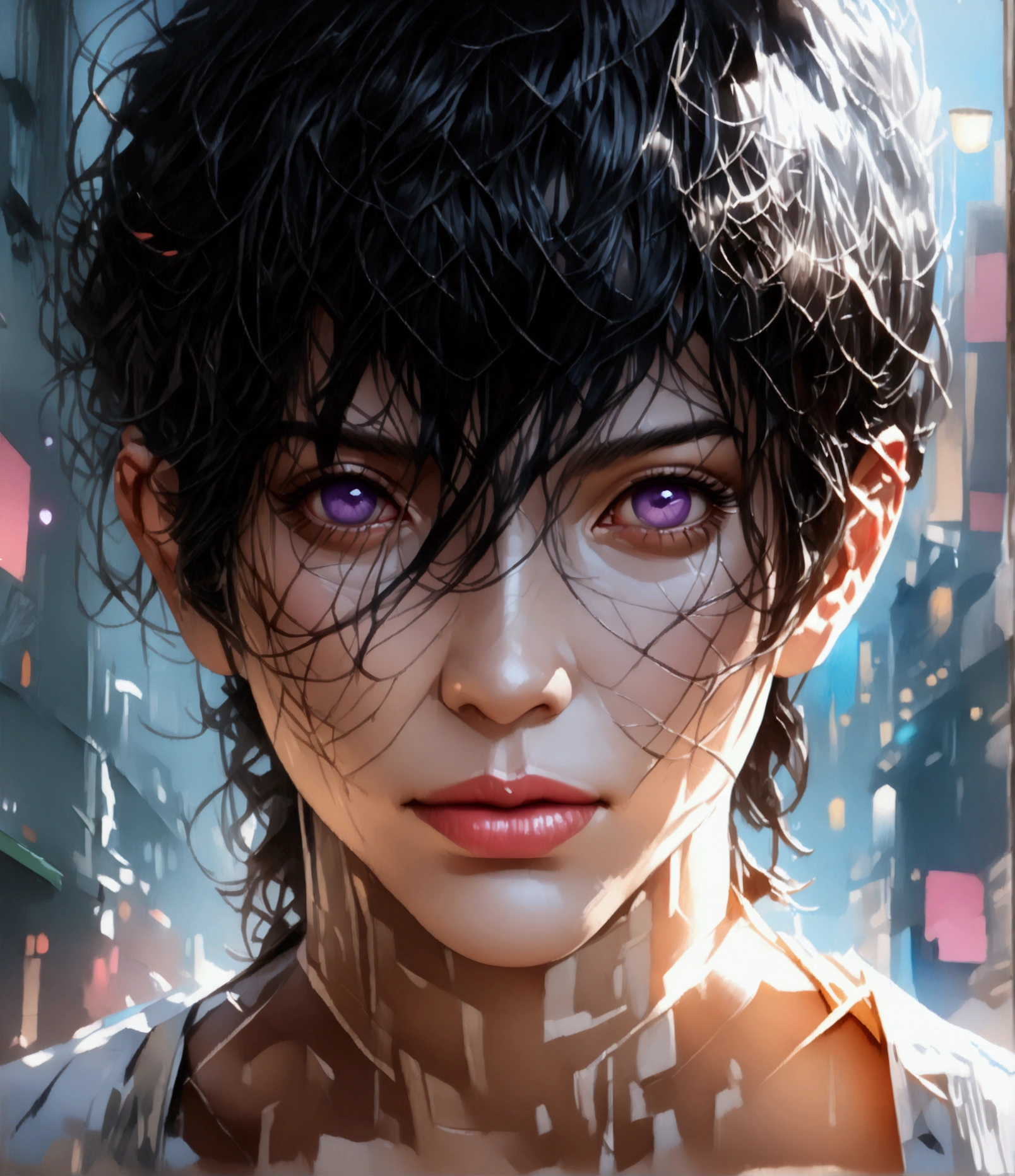 A shirtless anime male with black hair, long bangs covering most of his eyes, one blue eye and one purple eye, extremely detailed face and eyes, beautiful detailed lips, longeyelashes, (best quality,4k,8k,highres,masterpiece:1.2),ultra-detailed,(realistic,photorealistic,photo-realistic:1.37),intricate details,chiaroscuro lighting,dramatic lighting,cinematic lighting,hyper realistic,digital painting,breathtaking,striking,moody,vibrant colors
