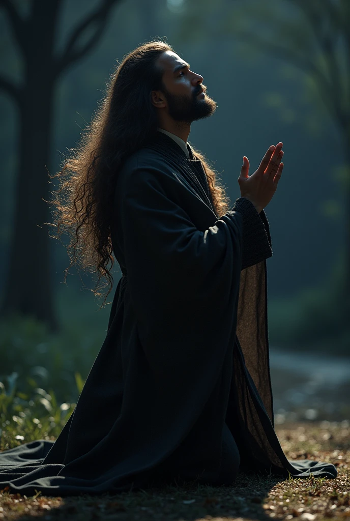 Beautiful long hair man, preying on knees at night, elegant clothes, low beard , front view 