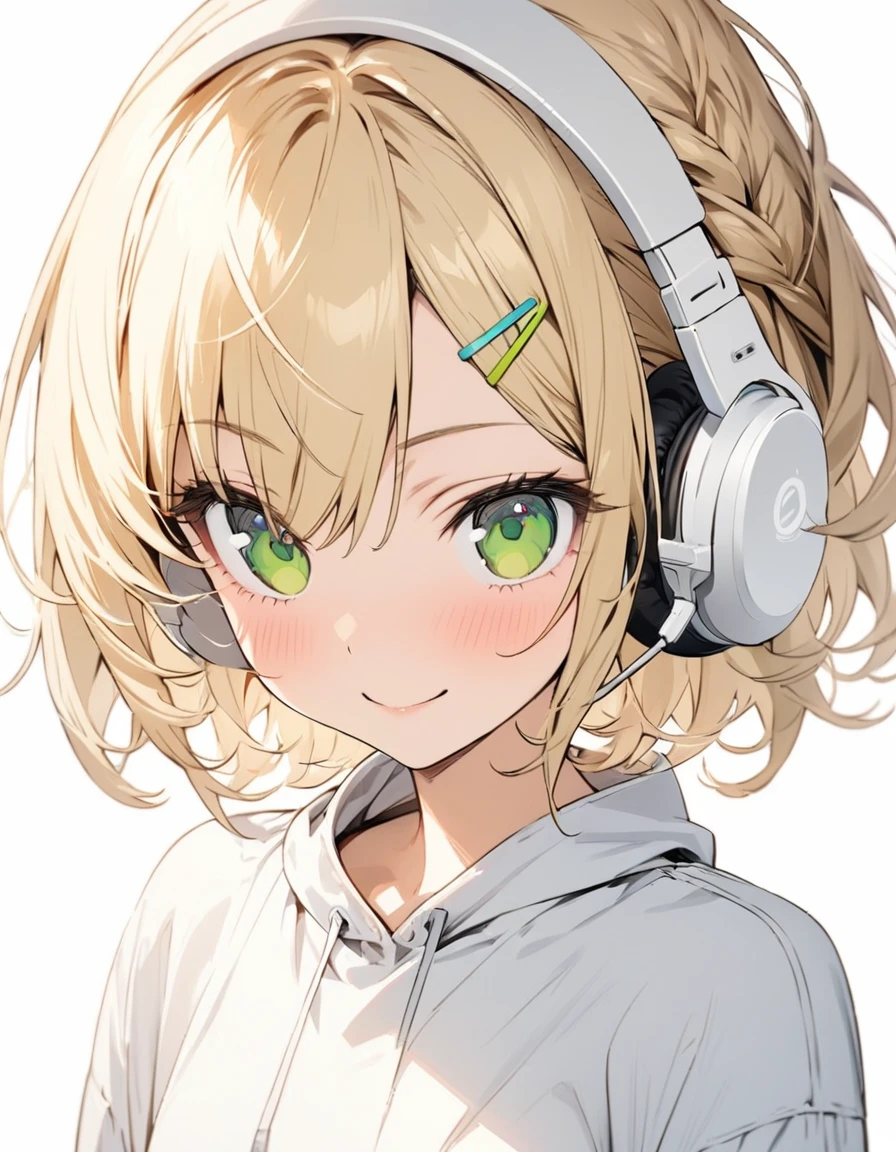((ultra-detailed))/one women, short blonde hair and bob hair.、beautiful green eyes、a braid, I tied my hair in a bun with a hair clip..、smile、gentle smile on her face、flat chest, one Beautiful girl,((masterpiece, illustration, best quality) ((ultra-detailed))/solid white background,blank background, while wearing wireless white headphones, full upper body