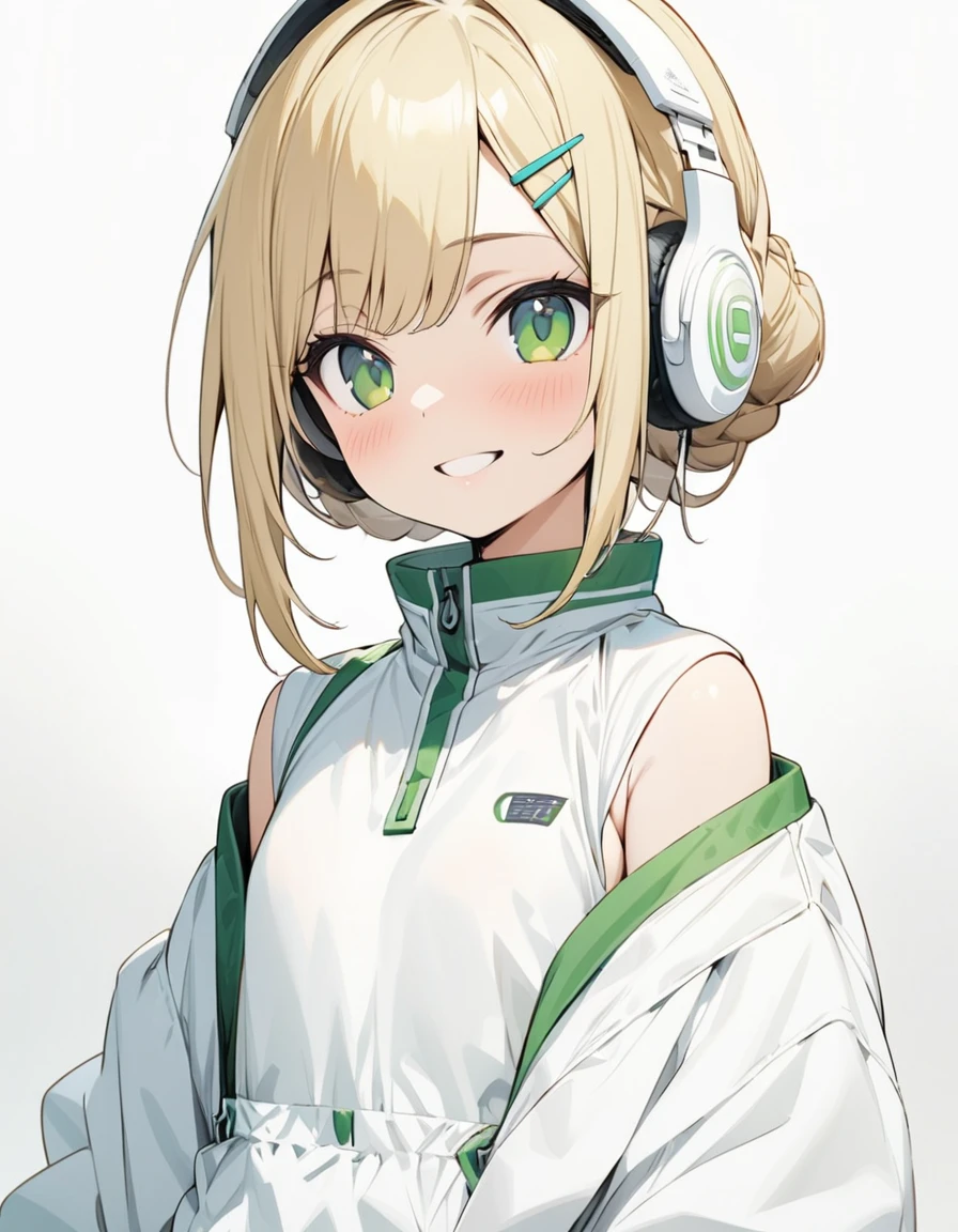 ((ultra-detailed))/one women, short blonde hair and bob hair.、beautiful green eyes、a braid, I tied my hair in a bun with a hair clip..、smile、gentle smile on her face、flat chest, one Beautiful girl,((masterpiece, illustration, best quality) ((ultra-detailed))/solid white background,blank background, while wearing wireless white headphones, full upper body
