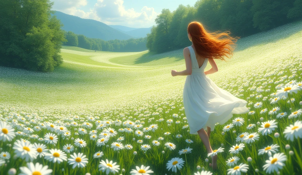A greeny landscape, with trees around it and with ocean of white daisy flowers and the ambience is so light and peaceful where a woman with a long red-brown hair and wearing a white dress running in the midst of it but her back only is visible. make the picture from the sky down to landscape.
