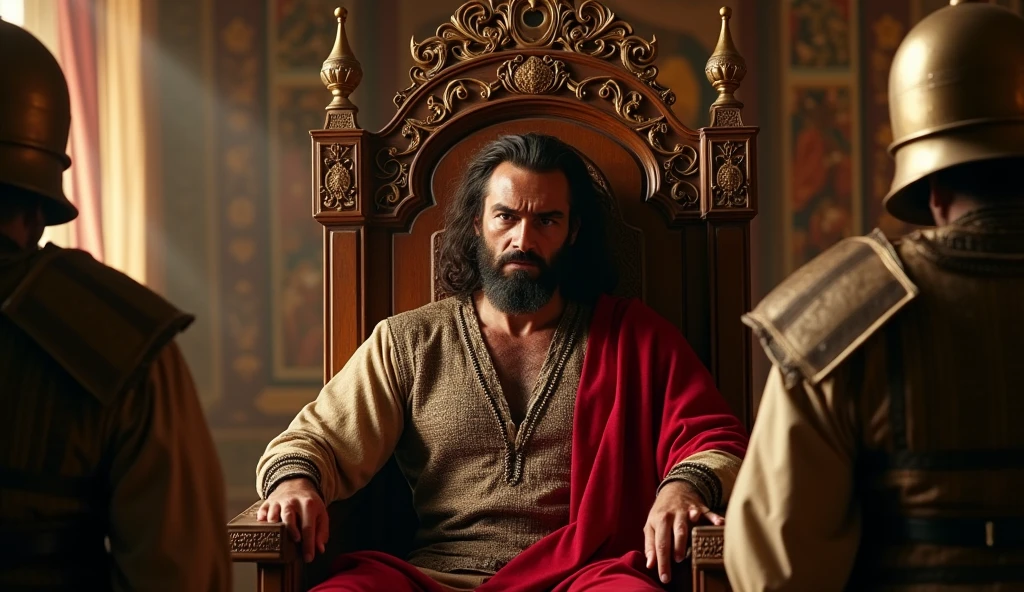 "in a dramatic and intense scene, retrate Saul, the king of Israel, seated on his majestic carved wooden throne, adorned with gold and jewel details. His face is marked by anger and frustration, with his eyes fixed on a group of soldiers standing before him, waiting for your orders. The atmosphere is tense, with a soft light that illuminates the royal room, highlighting the opulence of the environment, but also the gravity of the situation. The soldiers, armed and prepared to carry out the command, present expressions of loyalty mixed with hesitation. Ao fundo, tapestries depicting past battles and victories frame the scene, while a light wind causes the curtains to move, symbolizing the restlessness of the moment. The scene captures the essence of an internal conflict, the struggle between morality and ambition, reflecting an epic narrative worthy of a great film."