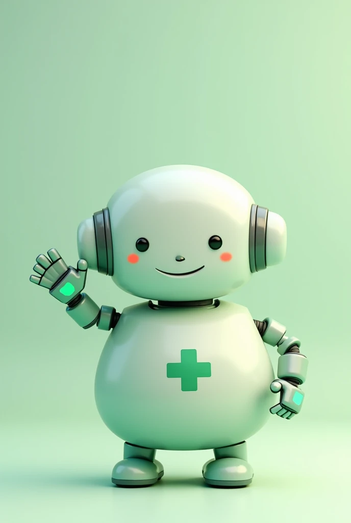 Chubby friendly robot with a medical cross that is light green in color and waving with one hand