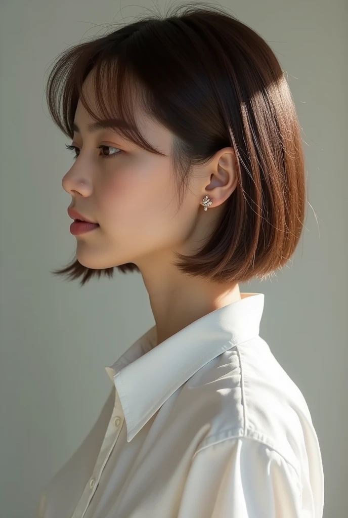 Photo seen from the side,(8k, RAW photo, best quality, masterpiece:1.2),natural lighting,small breast,(real human skin,finely detailed skin:1,4),upper body photo,((straight shortbob hair,natural hair,transparent bangs,light brown hair:1,6)),white shirt,