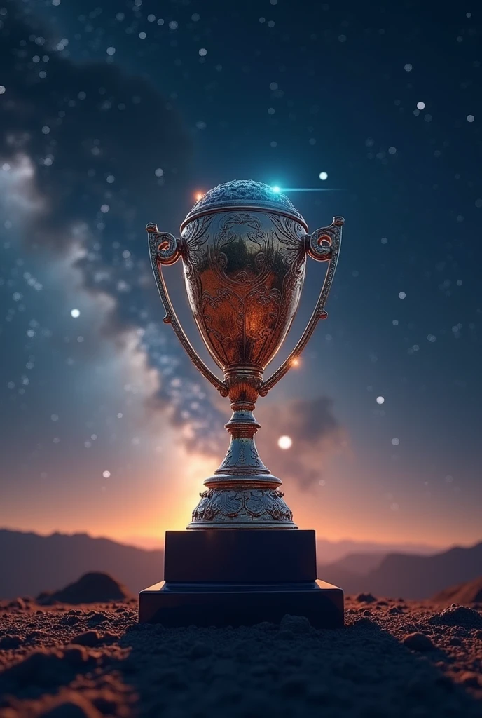 winner trophy floating alone with a galaxy in the background and stars in the distance in space
