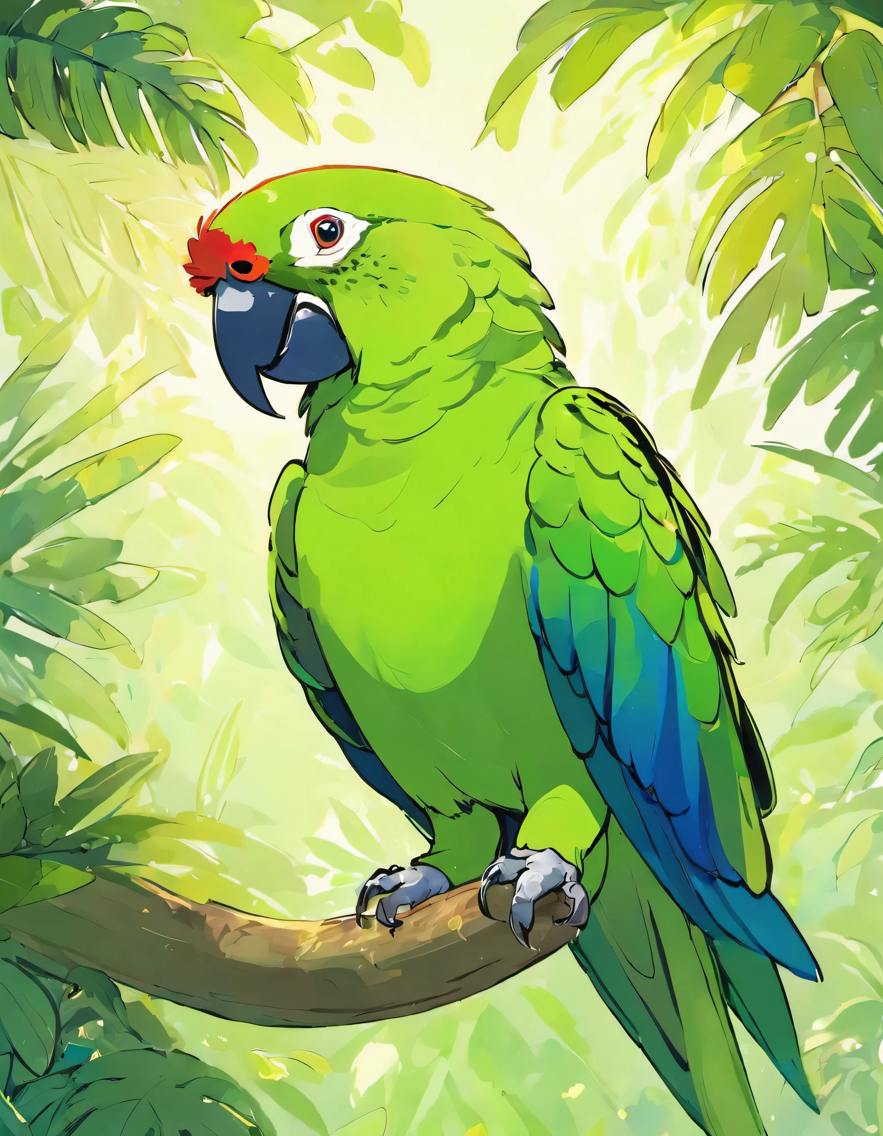 I would like to create the following animal in the pokemon sowsow art style, com fundo branco, In this stunning illustration, a solitary Amazon parrot takes center stage, showcasing the exquisite beauty and vibrant personality that define this avian species. The parrot is perched gracefully on a textured branch, their claws delicately gripping the surface while demonstrating a sense of confidence and composure.
The Amazon parrot featured in this artwork is resplendent in its plumage, with emerald green feathers dominating its body. The feathers are richly colored, their shadows intensifying towards the bird's head and wings. Bright yellow splashes accent the edges of its wings, adding a captivating contrast to the verdant setting.
The parrot's head is a masterpiece of intricate detail. His forehead has a distinct patch of red., that stretches gracefully above your eyes, contrasting beautifully with the deep green feathers that surround it. The eyes themselves are dark and expressive, radiating intelligence and curiosity. The bird's beak, curved and strong, suggests its formidable bite and skillful use of cracking nuts and seeds.
As the Amazon Parrot turns slightly, the observer glimpses its impressive plumage from different angles. The feathers seem to shimmer and shine in the imagined light, creating a sense of movement and life within the illustration. A touch of blue feathers is visible on its wings, adding a subtle touch of complexity to your overall look.
The background of the illustration is lush, lush green forest scene, with hints of dappled sunlight filtering through the leaves. This setting perfectly complements the Amazon Parrot's natural habitat., emphasizing its connection to the rainforests it calls home.