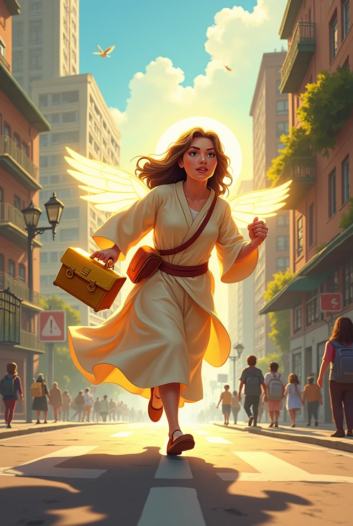 Draw a saint with a gold bag running in 2d paper cartoon in the city