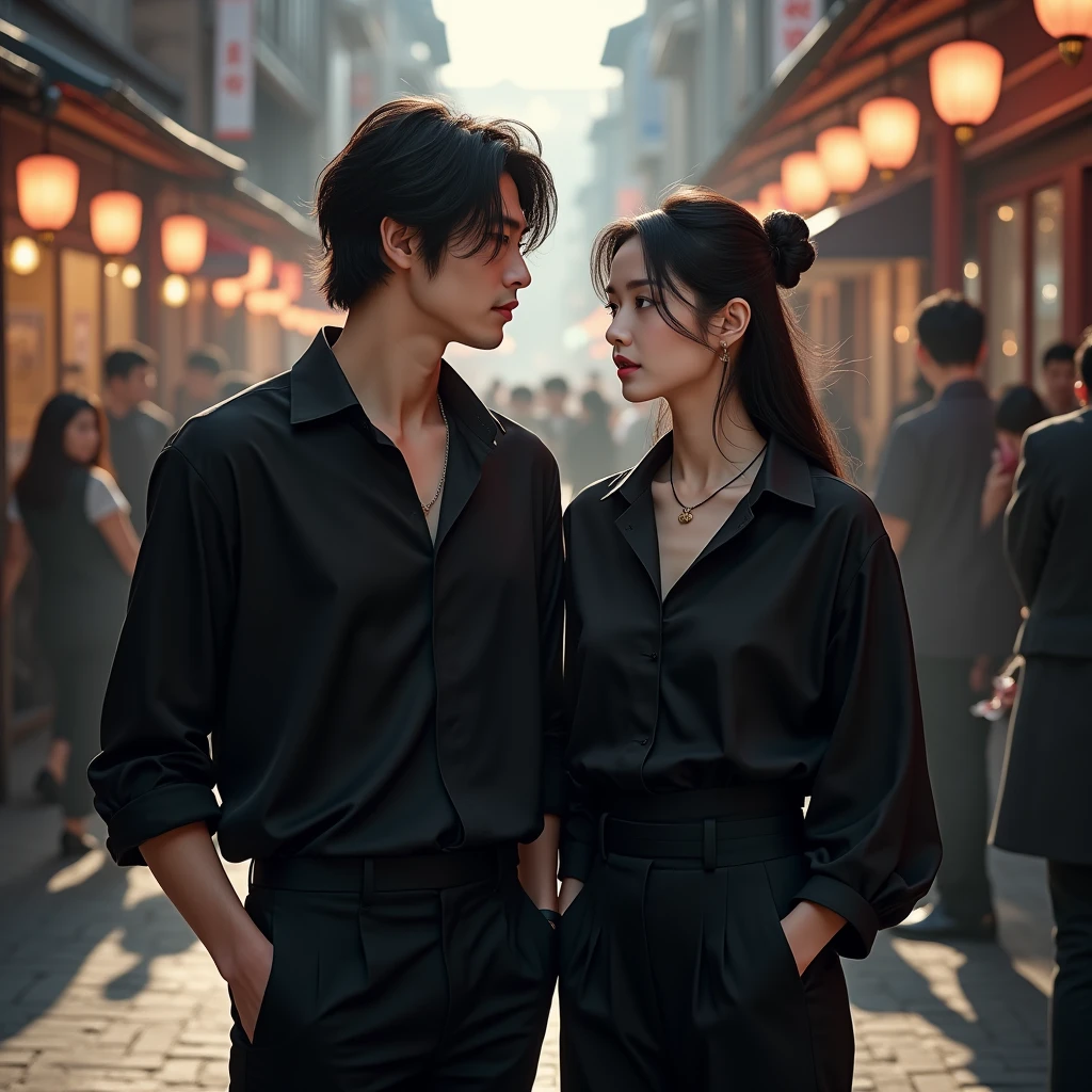 A handsome,black-haired man named Leehan and not wearing a necklace and dressed in a black blouse and wearing long black pants was at the filming location of the drama with a girl with long black hair tied in a Japanese knot and dressed in a black blouse and wearing black pants