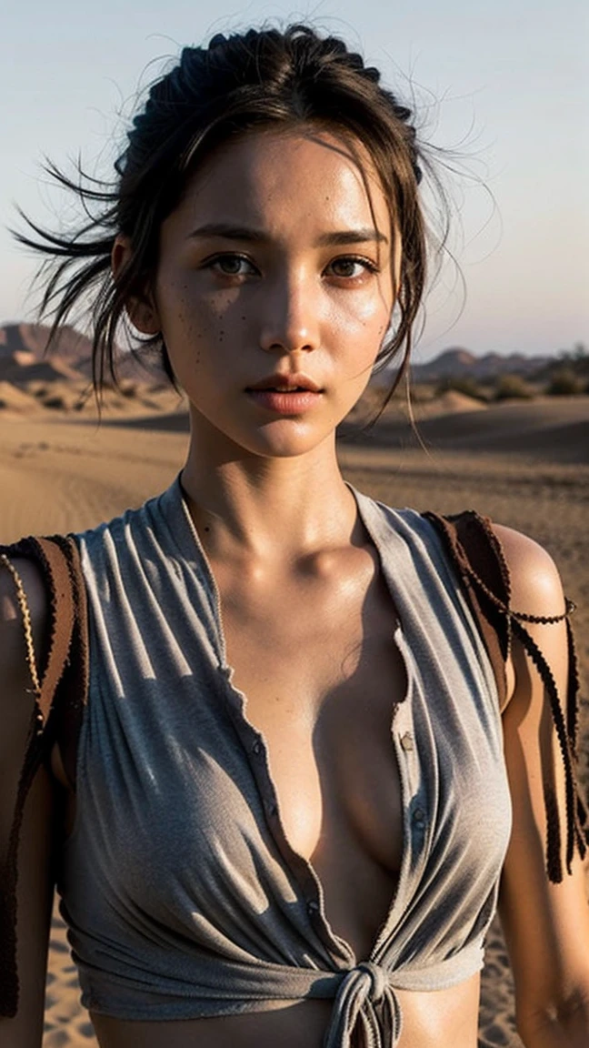 masterpiece, Transition to a desert landscape at sunset, a lonely figure, A beautiful 25-year-old American teenager emerges wearing beautiful post-apocalyptic nomadic clothes., White skin, by rubio, gray blue eyes, Freckles in the face, slim body for running, small breasts, Very detailed face, ultra realistic face, very beautiful face, clean but tired face, post-apocalyptic clothing. Layers of tattered fabric, unconventional accessories, and a worn appearance create an aura of survival and resistance., 16k, ultra high resolution.photorealistic, HD, raw, DSLR, with the face of jeniffer lawrence
