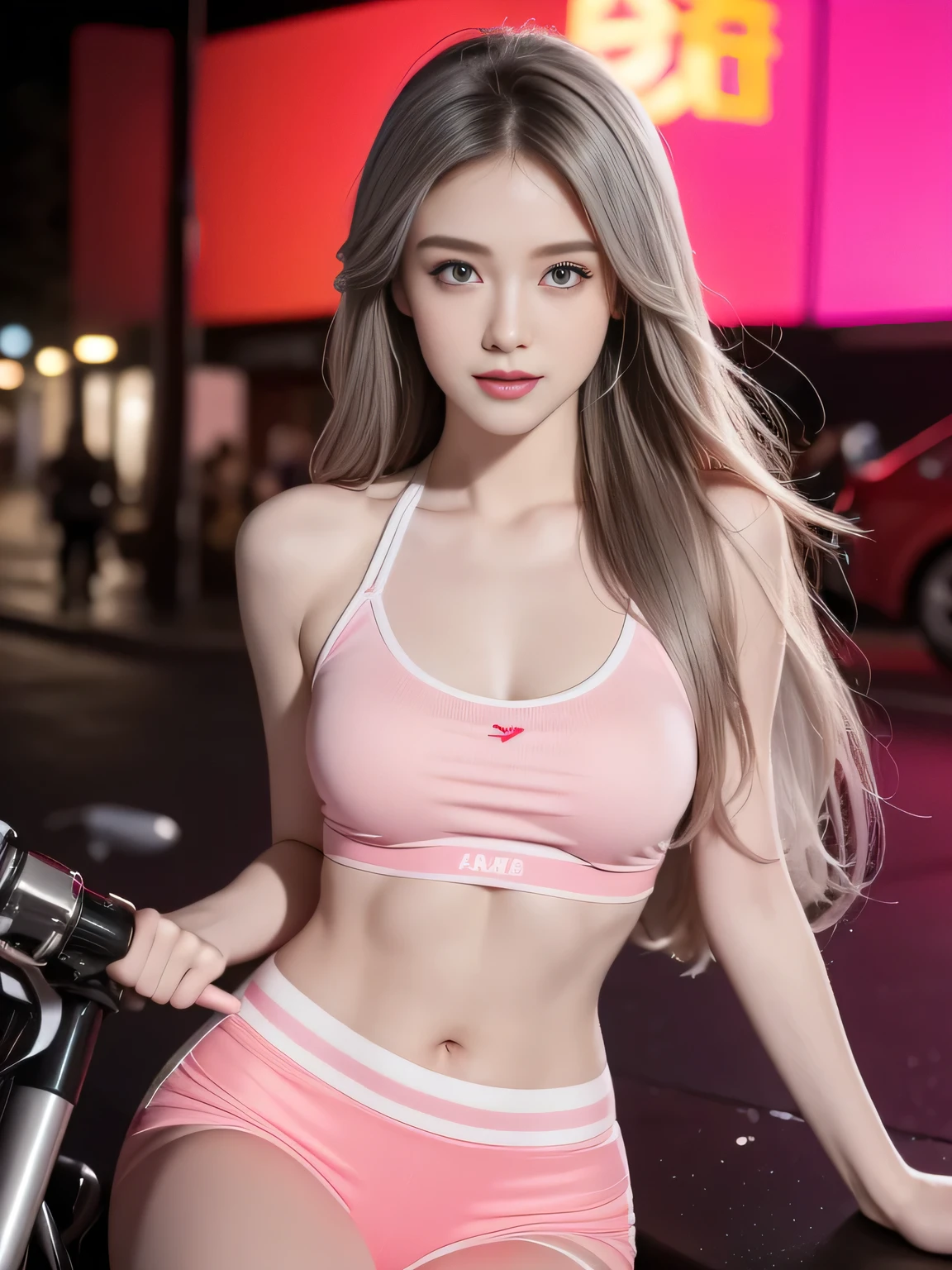 1 sister,Wearing a tight pink and white racing suit,Large target legs coming towards you,Hold the handlebars of your motorcycle,(Riding a motorcycle:1.2),Umbilical cord,Just looking at the audience,midnight street,Movie Lighting,National Foundation,((best quality,8k,masterpiece:1.3))),concentrate:1.2,(Layered pruning,Large target:1.2),Beautiful woman,Have a perfect body:1.4,Lean abdominal muscles:1.2,Wet:1.5,Highly detailed face and skin texture,Exquisite eyes,Double eyelids,Long gray hair